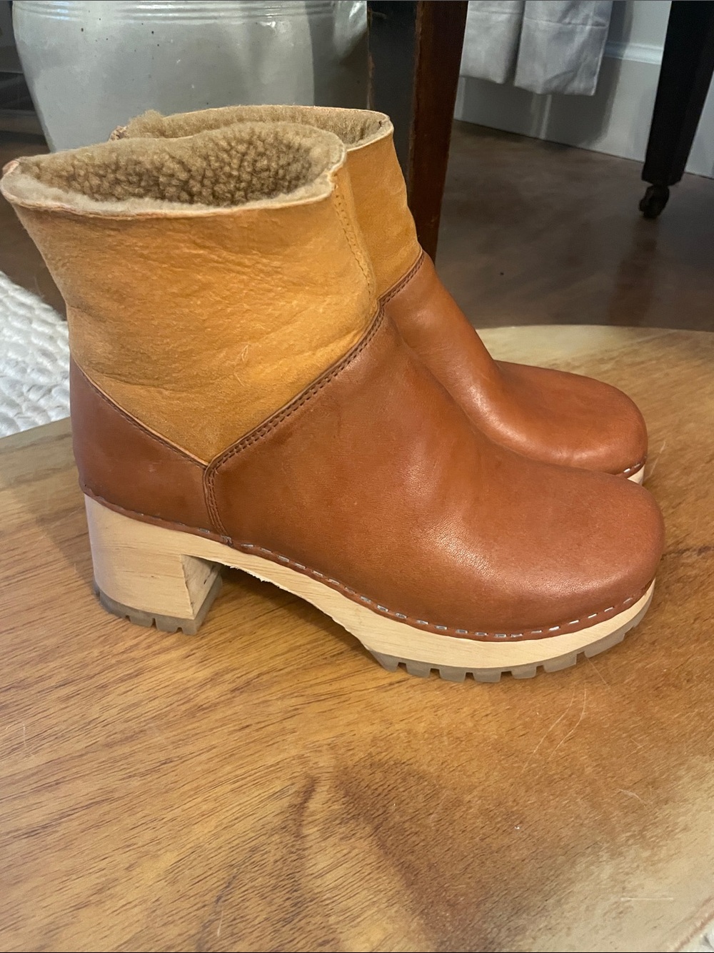 Swedish Hasbeens Shearling Clog Boots‎ 40 Brown Wood Platform Cozy Luxe EUC